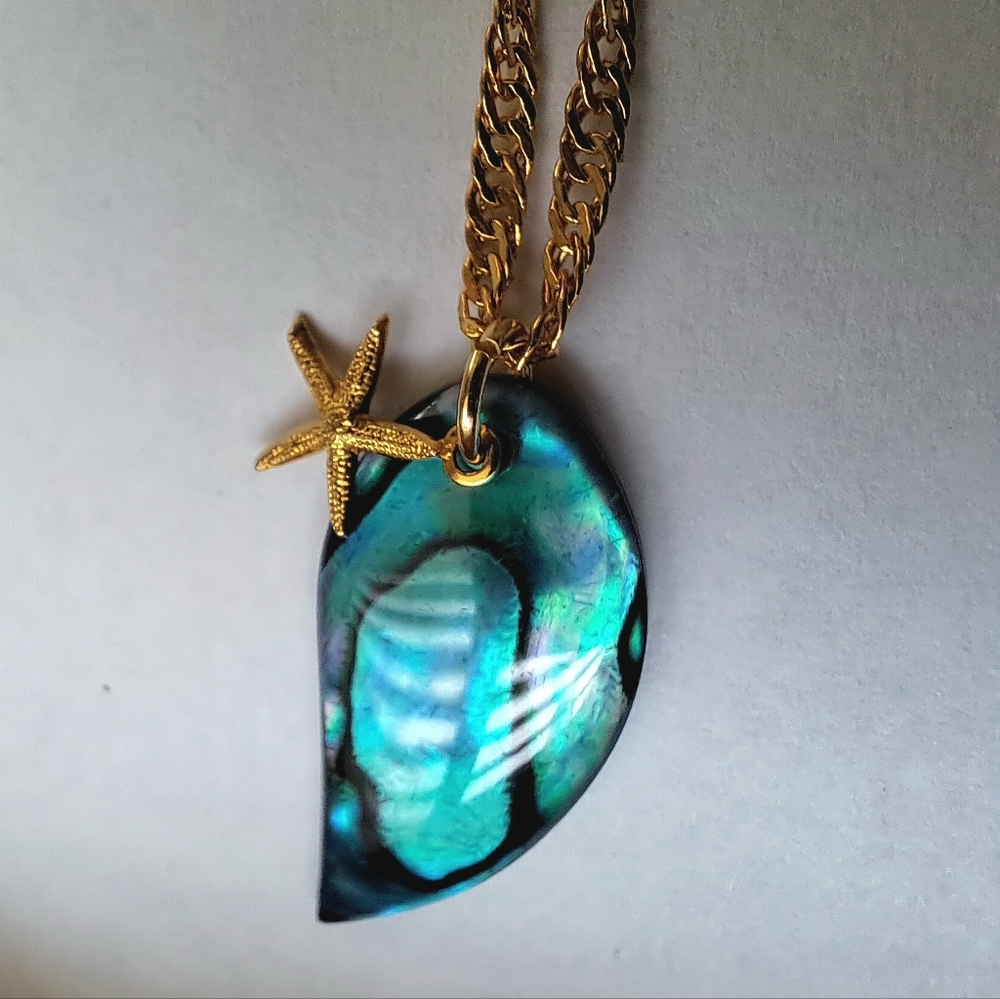 Nautical Beach Abalone Shell Pendant & Starfish Twisted Chain Neckace 18kgp 18"